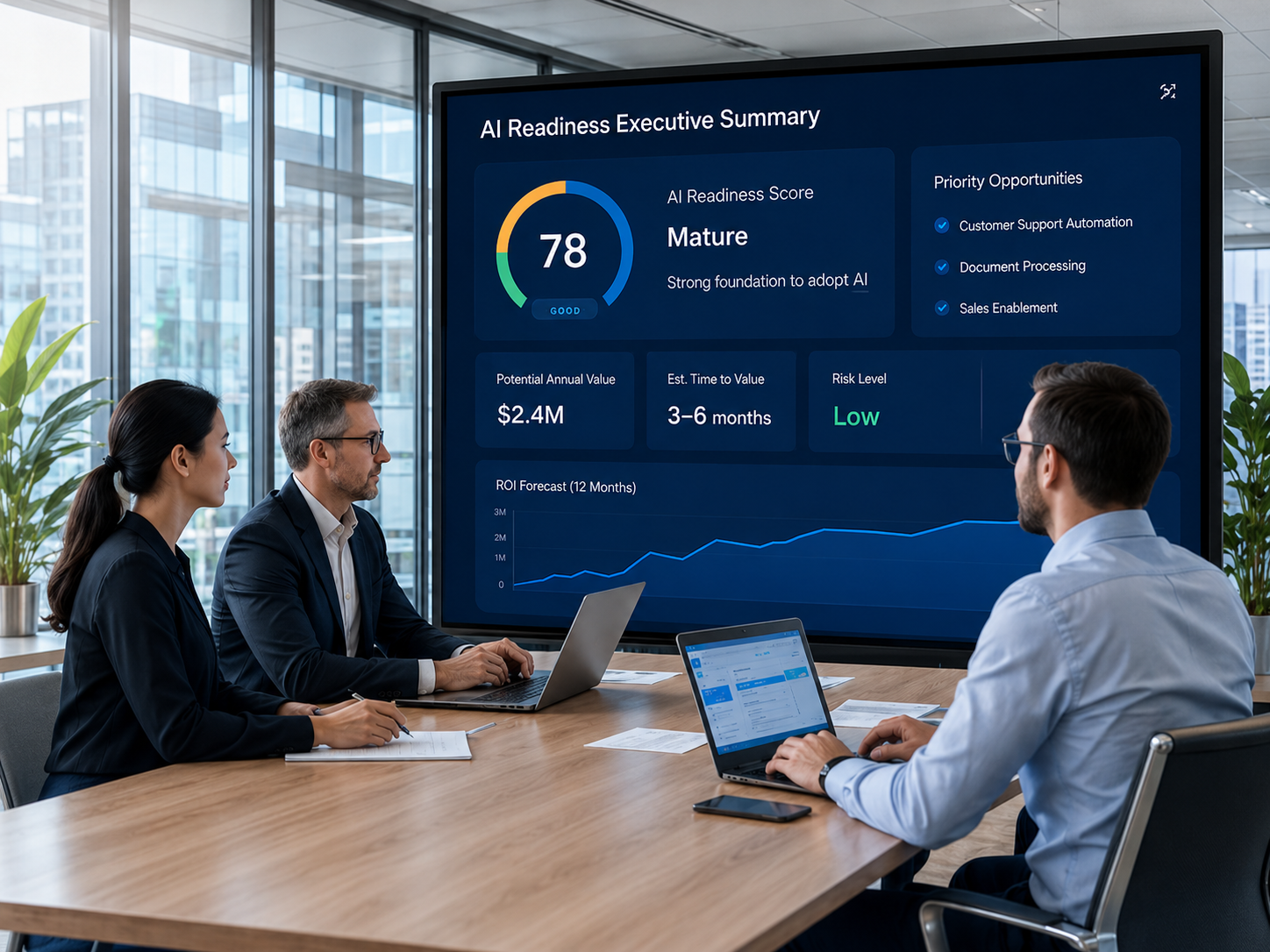 Business leaders reviewing an AI readiness executive summary